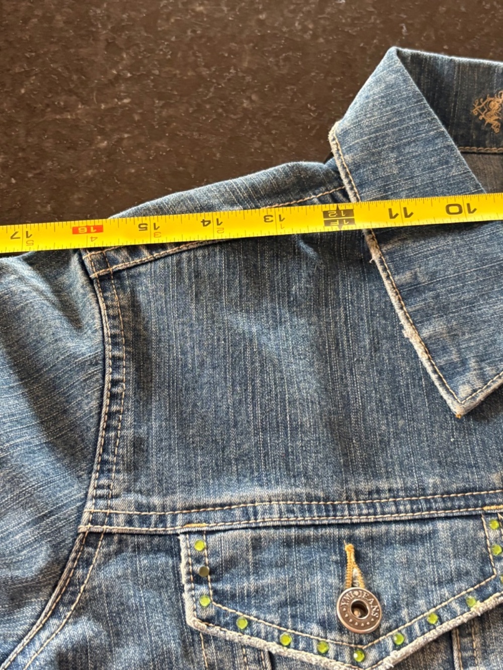 Vintage Y2K YMI Cropped Denim Jacket Green Rhinestone Bling Size L - Picture 10 of 14